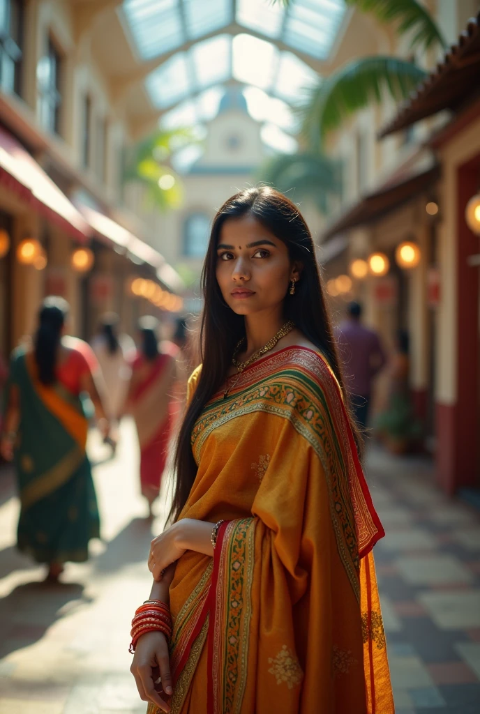 Beautiful Indian girl in saree looking stright infront sitting on temple ladder
Realistic 