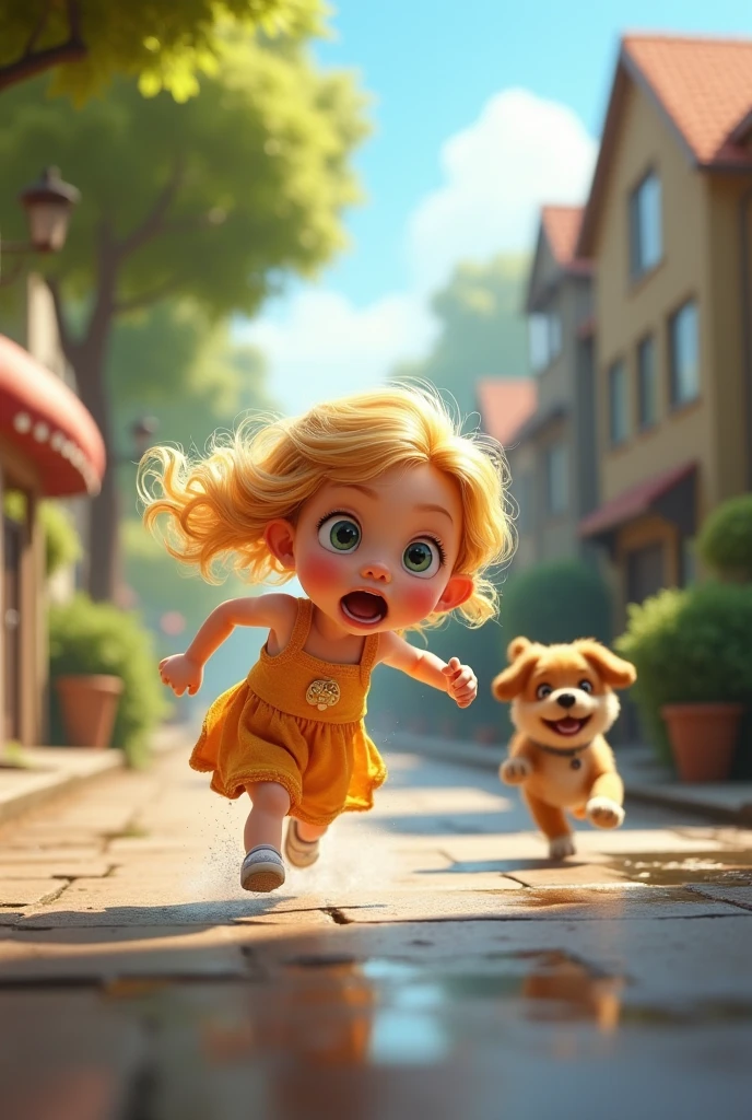 Create a 5 year old with curly blonde hair, skin fair, and dark brown eyes. She is dressed in a beautiful blue dress and is scared to see her dog run away through the gate of her house.. The scene must be in Pixar&#39;s distinctive digital art style.

