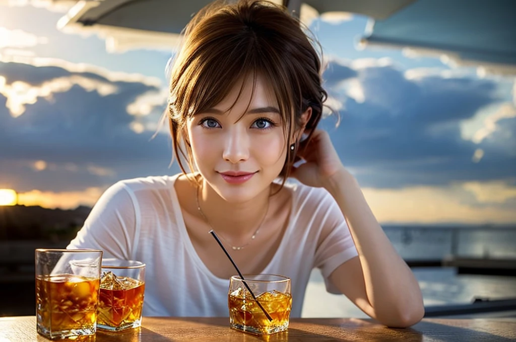 (Realistic, 超Realistic:1.4), 16K HDR, High resolution,Brown short hair,The best smile、Japanese actress,so beautiful(It looks like the real thing),Short sleeve dress,Whiskey Bottle、The Macallan、Johnnie Walker、、Old Parr、whiskey、Suntory、Nikka、Slim couple、Model Couple、(Realistic, Intricate details:1.2), Full course dinner、Whiskey bottle and glass on the table、Single Malt、scotch、Rocks glass、Shot Glasses、Whisky on the Rock、Scotland、Amazing view of the sunset sky and clouds、,Digital SLR camera, Soft lighting, Detailed Background, Written boundary depth, Volumetric lighting, Sharp focus, super Realistic 肌,so beautiful表現です,Cloud Effect:1.2、プロ品質のHigh resolution、Realistic facial features,Best Quality,Slim figure,Highly detailed face,Highly detailed eyes,Beautiful Lips,Excellent light particles,Cinema Lighting,blue eyes,