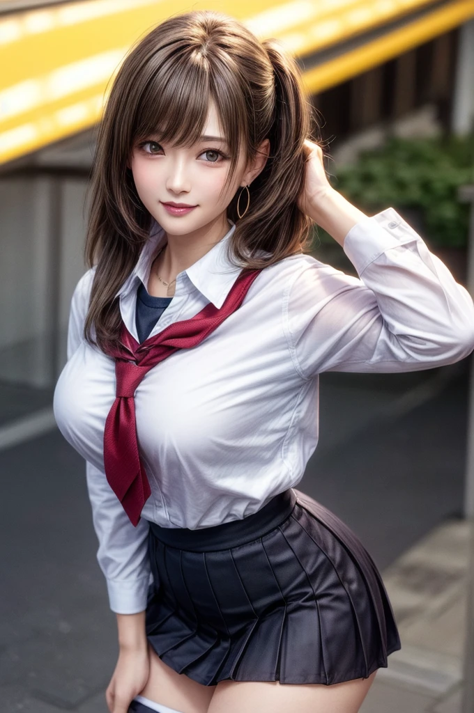 Kujikawa Def,Twin tails,school uniform,Seraph of the Black,Long sleeve,skirt,Knee socks,jewelry,Earrings,Straddle,
Highest quality, Very detailed, masterpiece, Absurd,8k,   photoRealistic, Realistic,Detailed skin texture,Detailed pupil,High resolution,Natural light,
One girl,alone,(Happy:1.1),(smile:1.2),short hair,Brown Hair,(Angular face:1.2),Shining Face,Large Breasts, Tight waist, Lip Makeup,Wet shirt,Spread your legs,(I can see her panties:1.5)back,From the back,look back,valley,Bra is visible,(Orgasm:1.7)classroom