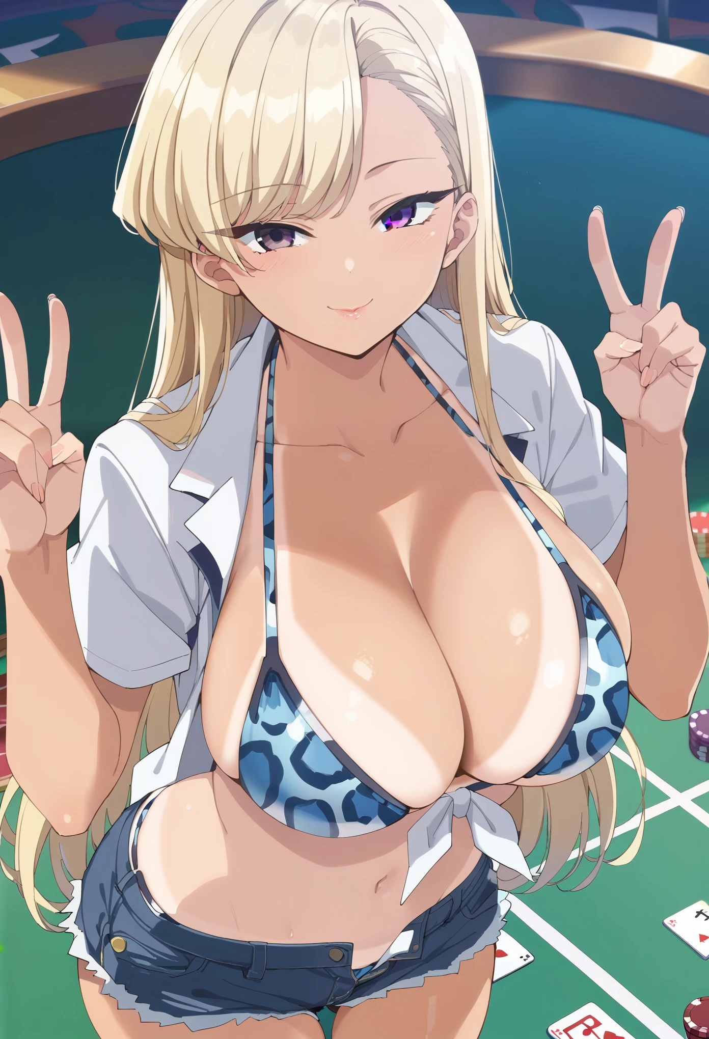 masterpiece, score_9, score_8_up, score_7_up, source_anime, zPDXL3, high quality, extremely detailed, 1girl, milf, solo, (dark skin, tan:1.9), Komi, (large breasts:1.8), ((((blonde hair), long hair, asymmetrical bangs, grey eyes, half-closed eyes))), purple lips, (((blue leopard print bikini, denim shorts))), ((light smile), closed mouth), ((double peace sign, casino))