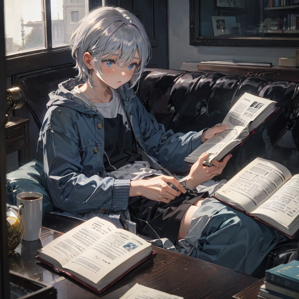 Silver Hair、blue eyes、、Shortcuts、Casual clothing、Study、Reading a book、High resolution, Anatomically correct,