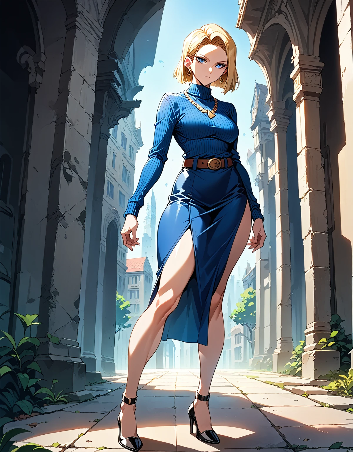 best quality, highres, and18, 1girl, android 18, solo girl, 1girl, blonde hair, blue eyes, belt, high heels, black long bodycon skirt, gold necklace, white blouse, short hair, blue sweater, earrings, medium breasts, cowboy shot, straight-on, sexy smile, combat stance, thigh high stockings, garter belt, battle ruins, wide hips, thick legs, torn clothes, closed fists, hair pin, Anatomically Correct, a perfect body sexy beautiful girl with firm good breast and firm good butt (thick thighs:1.4)(Large breast:1.4)(huge ass:1.4)(bubble butt:1.4)(firm butt:1.4)