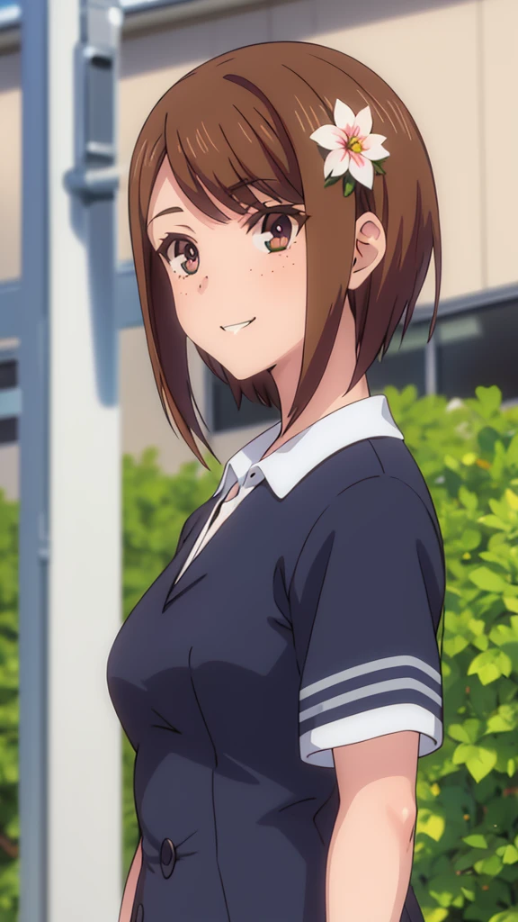 High resolution, masterpiece, 1 girl, short hair, Brown hair, square bangs, slim, school uniform, shy, smile, Symmetry, hair flower, green eyes, Freckles around the nose