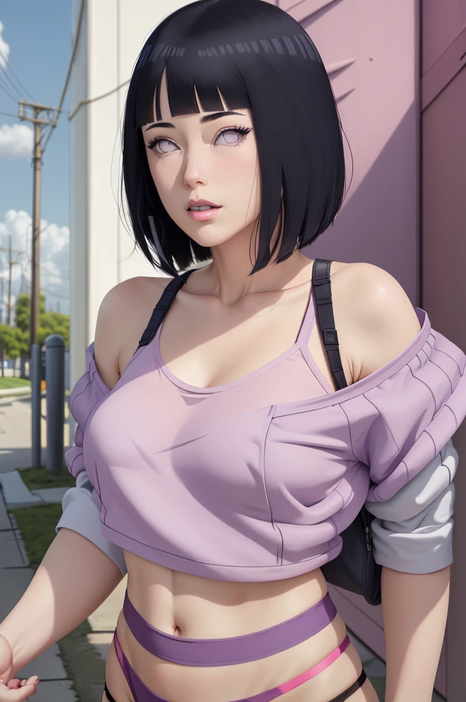 (masterpiece) Master Parts, Absurd, Hinata\(bolt\), One girl, Alone,Mature Woman, Purple thin fabric bra,Purple Thong, Outdoor, Cloudy, Perfect composition, Detailed lips, Anyway, her breasts are too huge, Beautiful Face, Body Proportions, blush, (Pink Lips), Short Hair, Black Hair, Lilac Eyes, Soft look, Ultra-realistic, Detailed, photo shoot, Realistic face and body, Realistic Hair, Realistic eyes, Realistic nose, Realistic lips,, anime, Walking under the petals, Lilac Sneakers