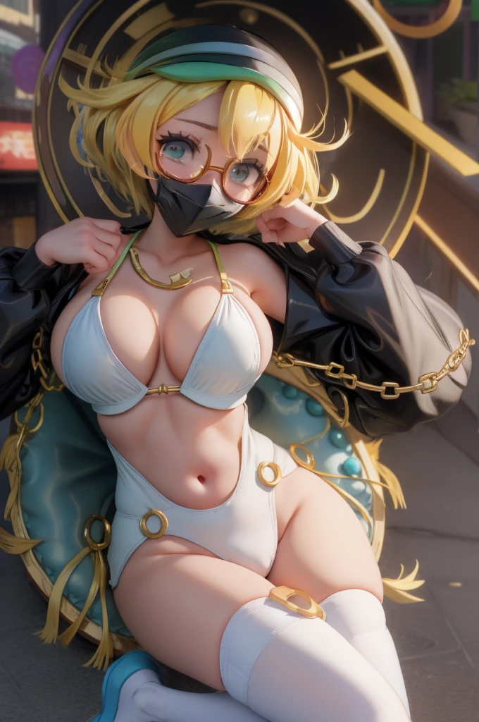 Bianca \(pokemon\), 1girl, absurdres, micro bikini flashing,1girl,solo,large breasts ,coat,thighhighs,flashing,exhibitionism, midriff,collar,short hair,mouth mask,bikini,nipples,outdoors,city,street,embarrassed, smile,,leash,shy,blush,glasses,Jeehyung Lee style,Envy Thicc,