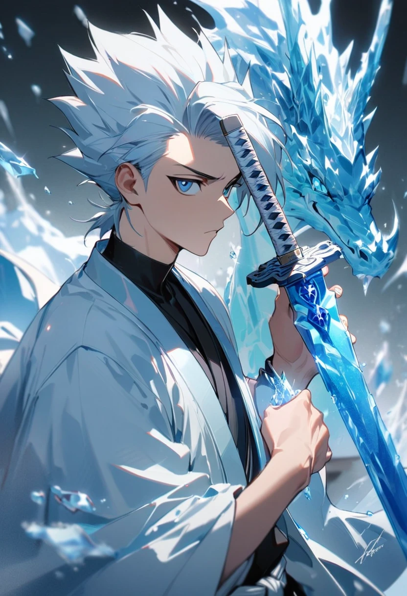 1boy, male focus,hitsugaya toushirou, bleach, haori,blue dragon,cool ice,frozen theme, holding sword with their hand,frozen sword,katana,blue dragon,frozen,wealding a sword,Close up, chaotic background,masterpieces,best quality,gloss:0.5