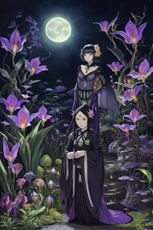 Harry Clarke, Joanna Concejo, Ignacy Witz, Jacek Yerka, Hiroshi masumura, Surrealism, Mysterious, Bizarre, Outlandish, Fantasy, Sci-fi, Japanese Anime, Moonlight Botanical Garden, Flowers that only bloom in the darkness, Mossenhikarikari moss, Nocturnal glass daffodils, Dark Paphiopedilum, Miniskirt beautiful girl plant hunter, perfect voluminous body, detailed masterpiece 