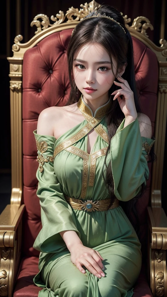 Picture of the most beautiful Thai girl with long, flowing hair The proportional figure is alluring and attractive. The shiny surface has a pearly glow with a luxurious and elegant design. Wearing a short, see-through, flowing strapless Thai dress in shades of green and gold. Sitting surrounded by huge Nagas that curled around me in an amazing way. The background is a luxurious scene, a large hall. Feels like a palace, close-up photo 