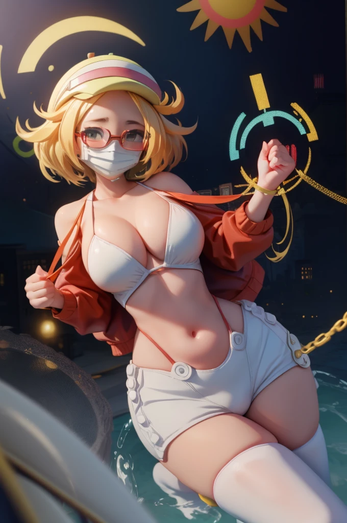 Bianca \(pokemon\), 1girl, absurdres, micro bikini flashing,1girl,solo,large breasts ,coat,thighhighs,flashing,exhibitionism, midriff,collar,short hair,mouth mask,bikini,nipples,outdoors,city,street,embarrassed, smile,,leash,shy,blush,glasses,Jeehyung Lee style,Envy Thicc,