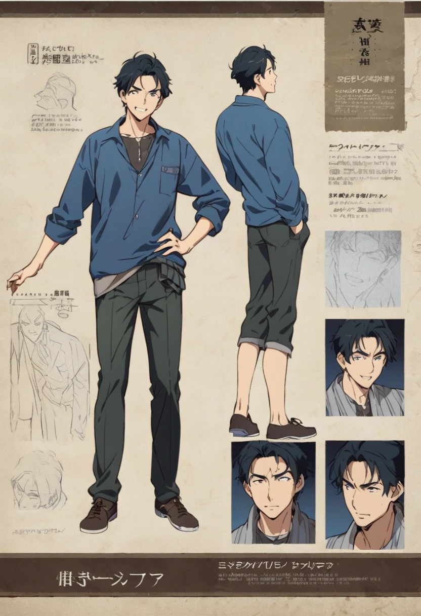 Front, Side and rear views、A character model sheet depicting the same character from three angles、A man in casual clothes、Looks like a supporting actor、