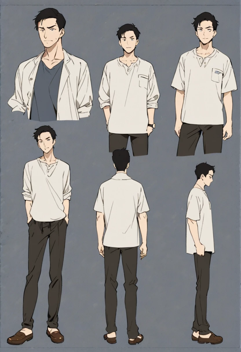 Front, Side and rear views、A character model sheet depicting the same character from three angles、A man in casual clothes、Looks like a supporting actor、