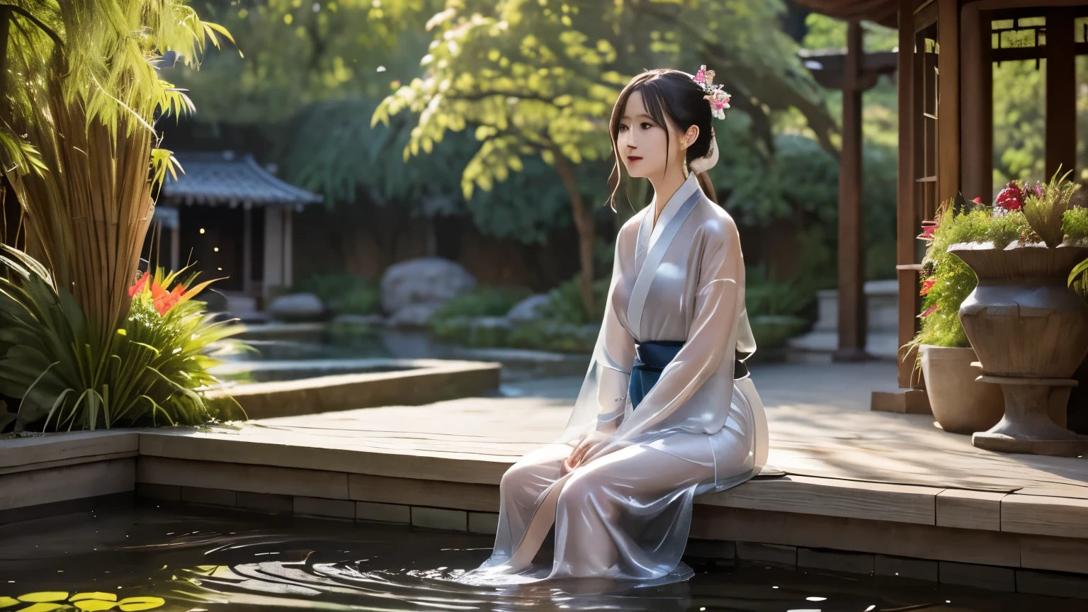 Young woman, Very delicate and beautiful eyes., black hair, long hair, smooth, hair accessories, wet hair, very detailed, Standing in ankle-deep water, reflection, moon, raining, wet clothes, Japanese clothes , White Kimono, short, translucent, Floral, open shoulder, open chest, wet, lamp, nighttime, outdoor, rain, mountain, clouds, lamp, nighttime sky, tree, great details, CG, movie light , Detailed background, East Asian Architecture