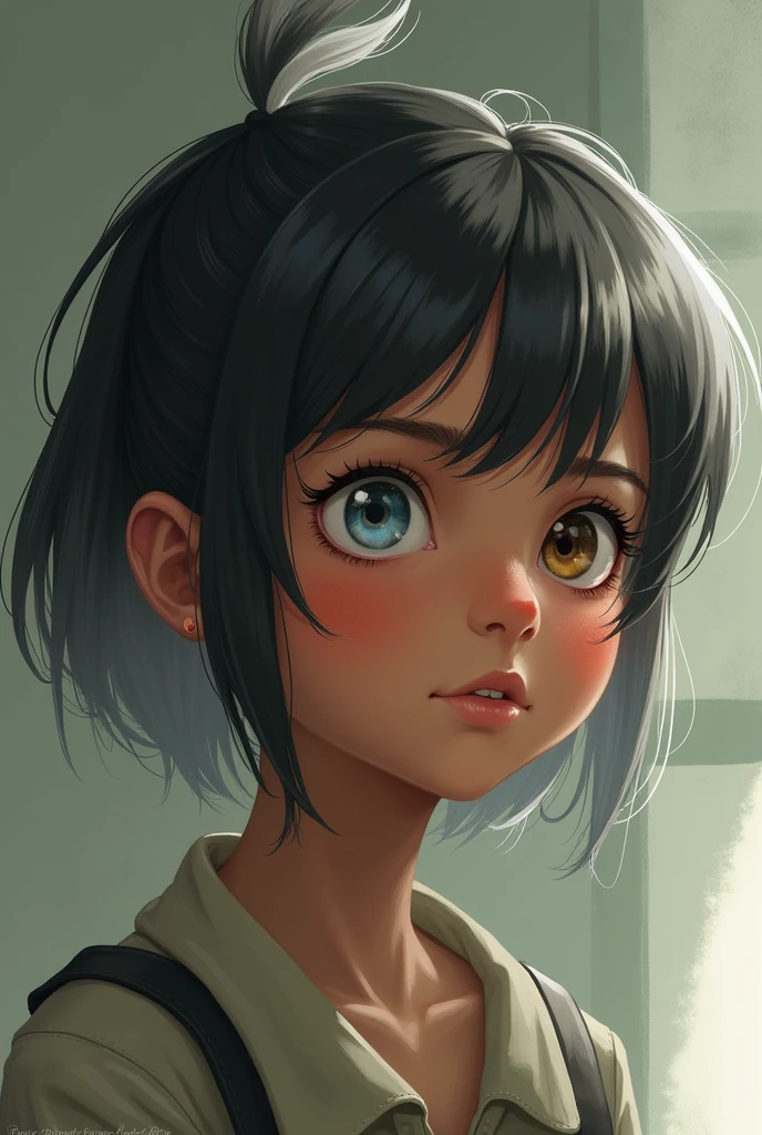 A 13 year old girl, with a tender face, dark skin tone and straight black hair, with a large and striking text that says "Momazos Nadia"