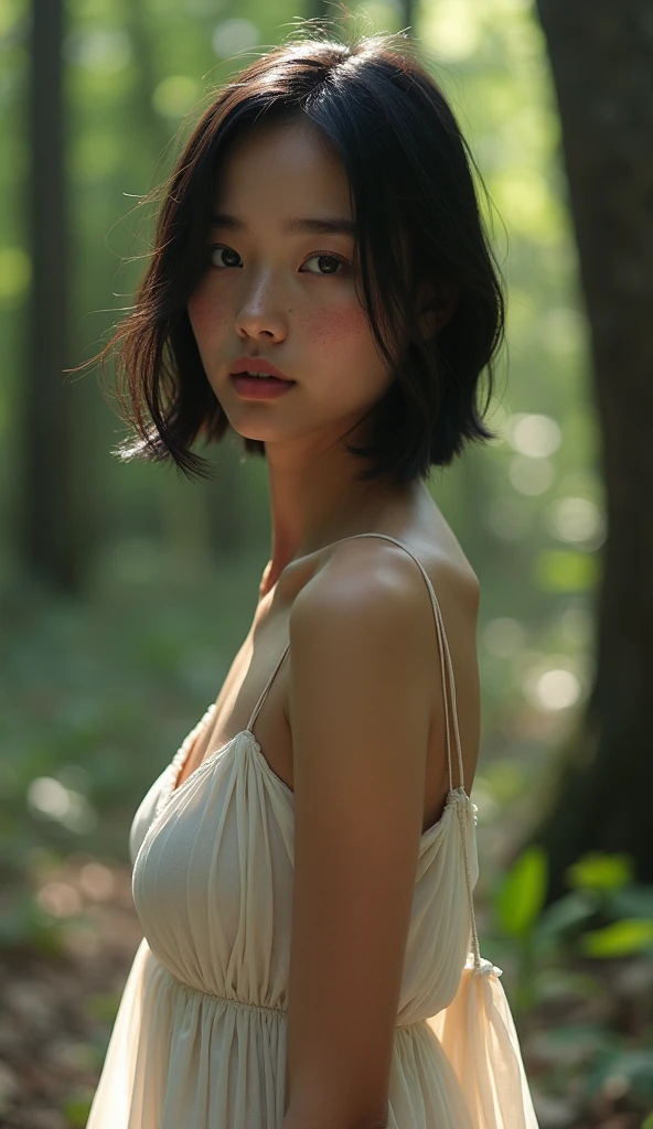 jpn-girl, Professional portrait photography of the face of a beautiful girl with (glossy nude lips) with black eyes, Nikon Z9, looking at the camera, realistic matte skin, highly detailed, skin texture visible, 20 yo,woman wearing dress,blurry background,
A tranquil bamboo forest in Japan,
,
,