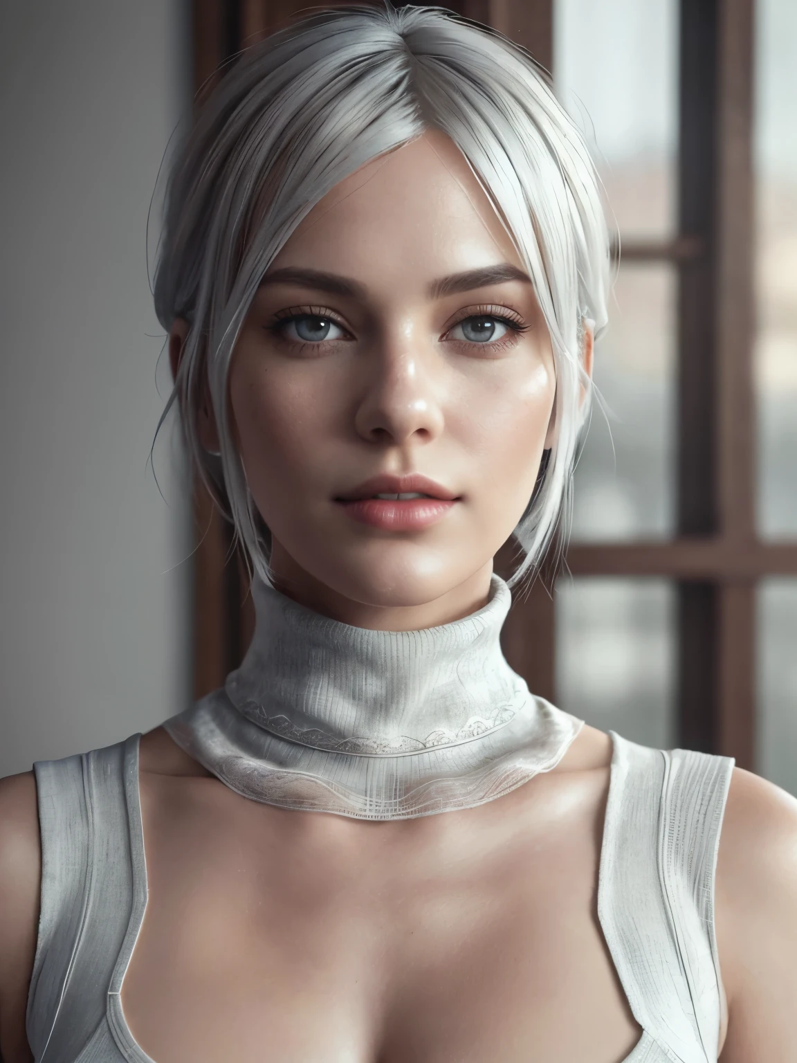  nier automata, Realistic, Photorealistic,cowboy shot,  white skin, and a soft face, (best quality, highres:1.2), 1girl, beautiful detailed eyes, beautiful detailed lips, extremely detailed eyes and face, long eyelashes,  show nipples, show vagina, spread legs,  HDR, studio lighting,  sharp focus, physically-based rendering, extreme detail description, portraitig breasts, perfect shape,  facing viewer, sweaty, gorgeous, appearing in full frame, sleeveless turtleneck, ung girls, good-looking, One Girl, Wow,   Dress cutout, Old Western castle street background, Hair between the eyes, head band,  High resolution, Juliet Sleeve, Long sleeve, nier (series), Fluffy sleeves, Red lips, Lips with raised corners of the mouth, Smiling Lips, Shadow Face, short hair, alone, Turtleneck sweater,  l Blue-white silver hair, zero、{{masterpiece、highest quality、(((Realistic、Realistic:1.37)))、8K quality、very detailed and beautiful、It&#39;s a very impressive expression、Large file size、Very detailed}},,(((wide hips))), toned body, detailed eyes,、