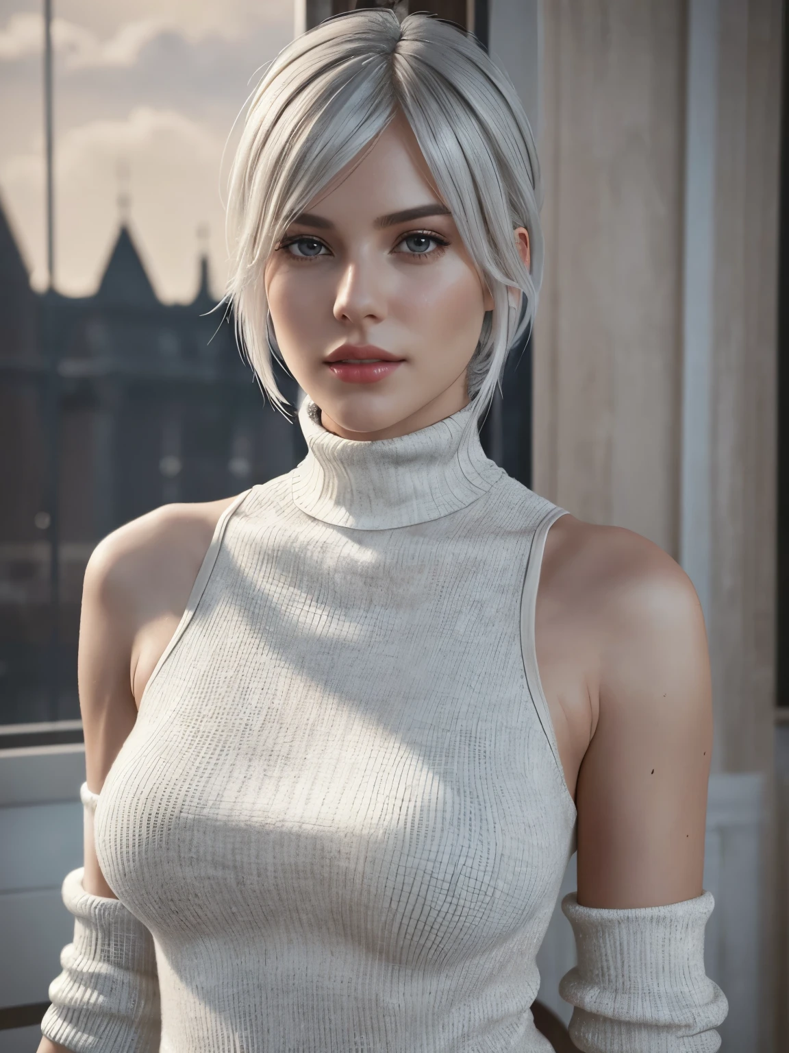 nier automata, Realistic, Photorealistic,cowboy shot, white skin, and a soft face, (best quality, highres:1.2), 1girl, beautiful detailed eyes, beautiful detailed lips, extremely detailed eyes and face, long eyelashes, show nipples, show vagina, spread legs, HDR, studio lighting, sharp focus, physically-based rendering, extreme detail description, portraitig breasts, perfect shape, facing viewer, sweaty, gorgeous, appearing in full frame, sleeveless turtleneck, ung girls, good-looking, One Girl, Wow, Dress cutout, Old Western castle street background, Hair between the eyes, head band, High resolution, Juliet Sleeve, Long sleeve, nier (series), Fluffy sleeves, Red lips, Lips with raised corners of the mouth, Smiling Lips, Shadow Face, short hair, alone, Turtleneck sweater, l Blue-white silver hair, zero、{{masterpiece、highest quality、(((Realistic、Realistic:1.37)))、8K quality、very detailed and beautiful、It's a very impressive expression、Large file size、Very detailed}},,(((wide hips))), toned body, detailed eyes,、
