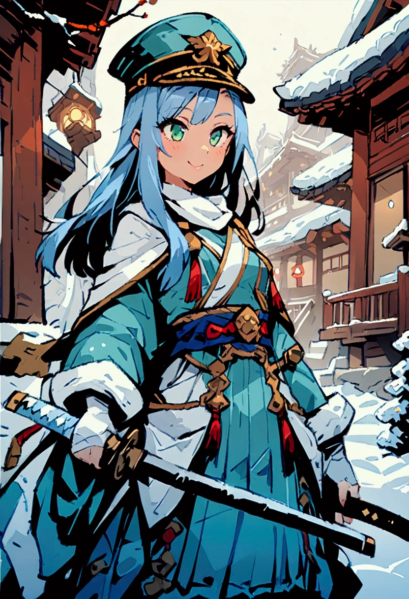 超detailed、Best Quality、masterpiece、cartoon style、girl、soght blue hair、Wearing a military cap、White muffler cape、detailed、Best Quality、masterpiece、White military uniform、Holding a Japanese sword,katana、smile、Light green eyes、snow