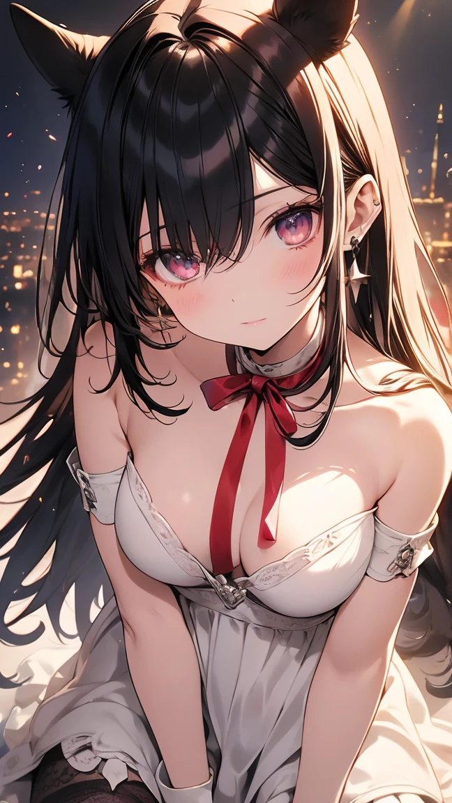 (Surrealism), (illustration), (high resolution), (8K), (Extremely detailed), (best illustration), night ( Chainsaw Man ), (美丽Delicate eyes), (best quality), (Extremely detailed), (masterpiece), (wallpaper), (Delicate face), Solitary, Upper Body, Focus on the face, 1 girl, Black long hair, Korean, Thin eye shadow, Delicate eyes, Brown eyes, There is a small mole under the eye, Long-sleeved shirt, Neck arch, Small Breasts, Apron Dress, Dynamic poses, Low lighting, night晚, dark, cloud, dark night晚