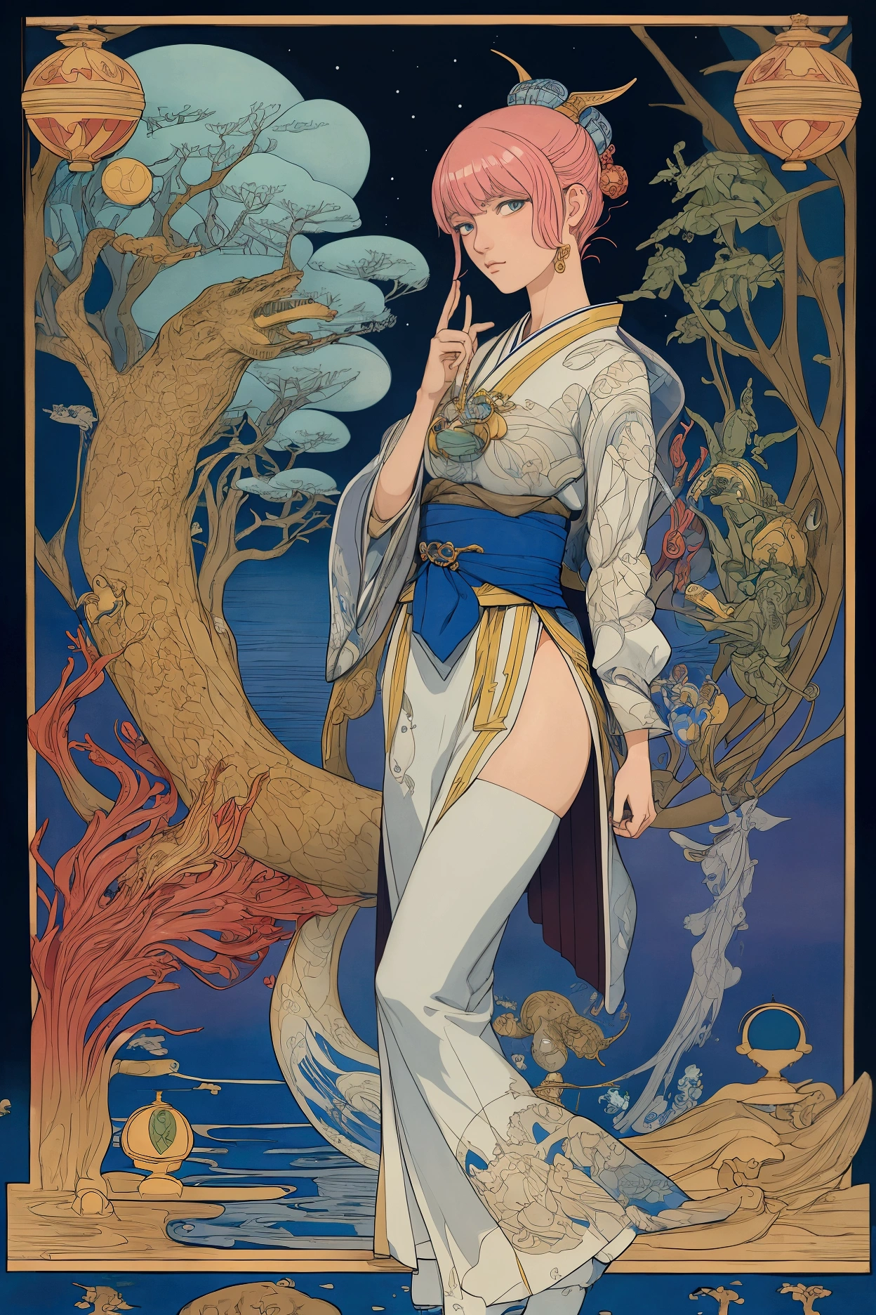 Walter Crane, Hasui Kawase, Piotr Socha, Marta Ignerska, Hajime Sorayama, Surrealism Mysterious Bizarre Fantastic Fantasy Sci-fi, Japanese Anime, Water Printing, Miniskirt Beautiful Girl Artist, Air Bubbles, detailed masterpiece