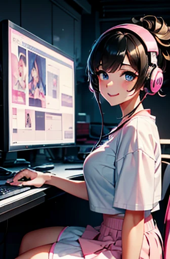 Close up 1girl.  Black short hair. Black short ponytail. Pink headphones. White t shirt. Pink skirt. Black stockings. Pink sleeves. White boots. Oversize clothes. Blue eyes. Messy room. Smiling girl. Gamer. Streamer girl. Streaming. Big breasts. Sitting in the gamer armchair.  Detailed eyes