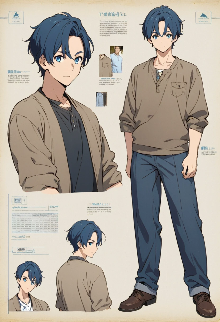 Front, Side and rear views、A character model sheet depicting the same character from three angles、Men in casual clothes、Like a supporting actor、blue eyes