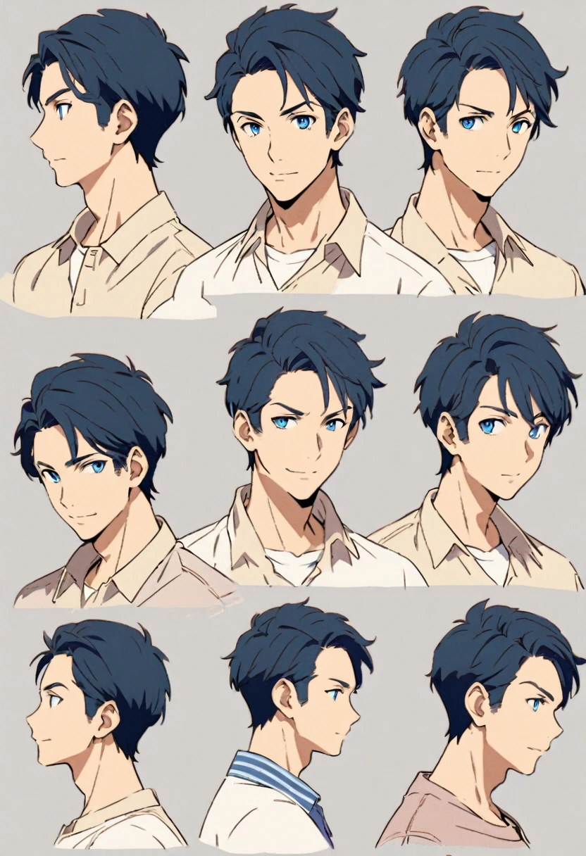 Front, Side and rear views、A character model sheet depicting the same character from three angles、Men in casual clothes、Like a supporting actor、blue eyes