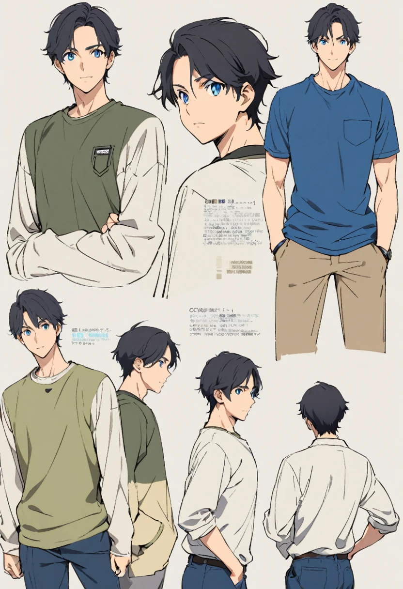 Front, Side and rear views、A character model sheet depicting the same character from three angles、Men in casual clothes、Like a supporting actor、blue eyes