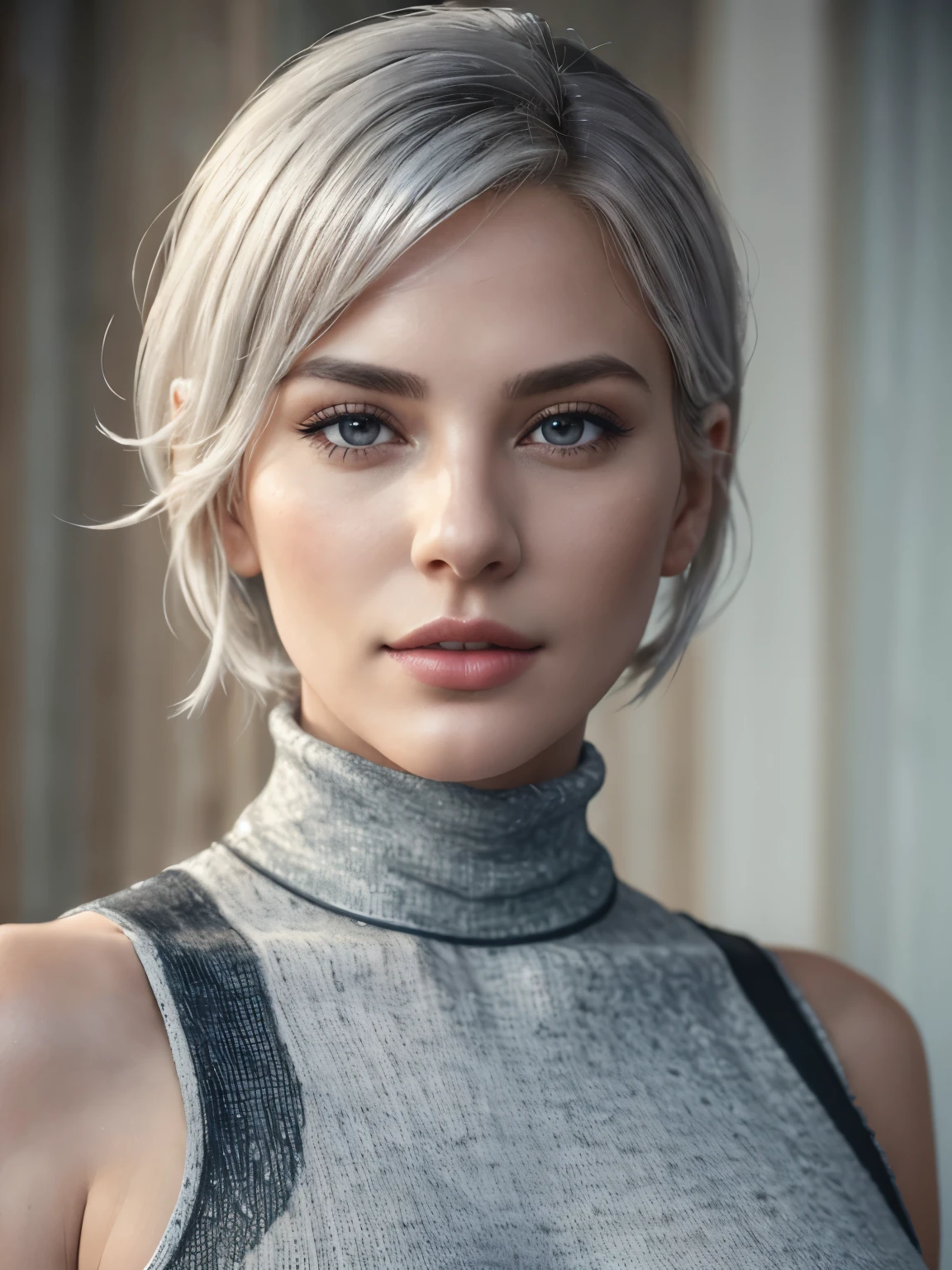 Realistic, Photorealistic,cowboy shot, white skin, and a soft face, (best quality, highres:1.2), 1girl, beautiful detailed eyes, beautiful detailed lips, extremely detailed eyes and face, long eyelashes, HDR, studio lighting, sharp focus, physically-based rendering, extreme detail description, portraitig breasts, perfect shape, facing viewer, sweaty, gorgeous, appearing in full frame, sleeveless turtleneck, ung girls, good-looking, One Girl, Wow, (Both blindfolded), chest, Chest cleavage, Chest cleavage cutout, Dress cutout, Old Western castle street background, Hair between the eyes, head band, High resolution, Juliet Sleeve, Long sleeve, nier (series), nier automata, Fluffy sleeves, Red lips, Lips with raised corners of the mouth, Smiling Lips, Shadow Face, short hair, alone, Turtleneck sweater, Upper Body, l Blue-white silver hair, zero、{{masterpiece、highest quality、(((Realistic、Realistic:1.37)))、8K quality、very detailed and beautiful、It's a very impressive expression、Large file size、Very detailed}},,(((wide hips))), toned body, detailed eyes,、 show nipples, show vagina, spread legs.