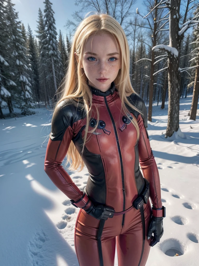 Blonde girl posing in the snow dressed in deadpool costume. (((((real life image))))) (((small))) (((slim)))