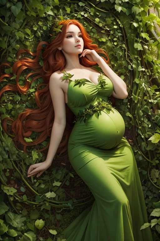 Sexy pregnant woman, cleavage, green dress (dress created by vines leaves and plants:1.4), ring earrings, pendant necklace, pregnant, full body shot, sexy pose, long luscious orange red hair