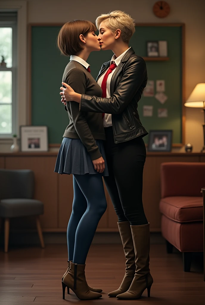 A 15 yo teen girl with braid haircut wearing a school uniform, miniskirt, white pantyhose, over the knee suede flat boots kissing and embracing passionately a black middle aged female teacher with curly pixie haircut, wearing a leather jacket, white blouse, red tie, knee high suede stiletto boots, black leggins .Full body photo. Both kissing sensually and enjoying this cozy moment in classroom.