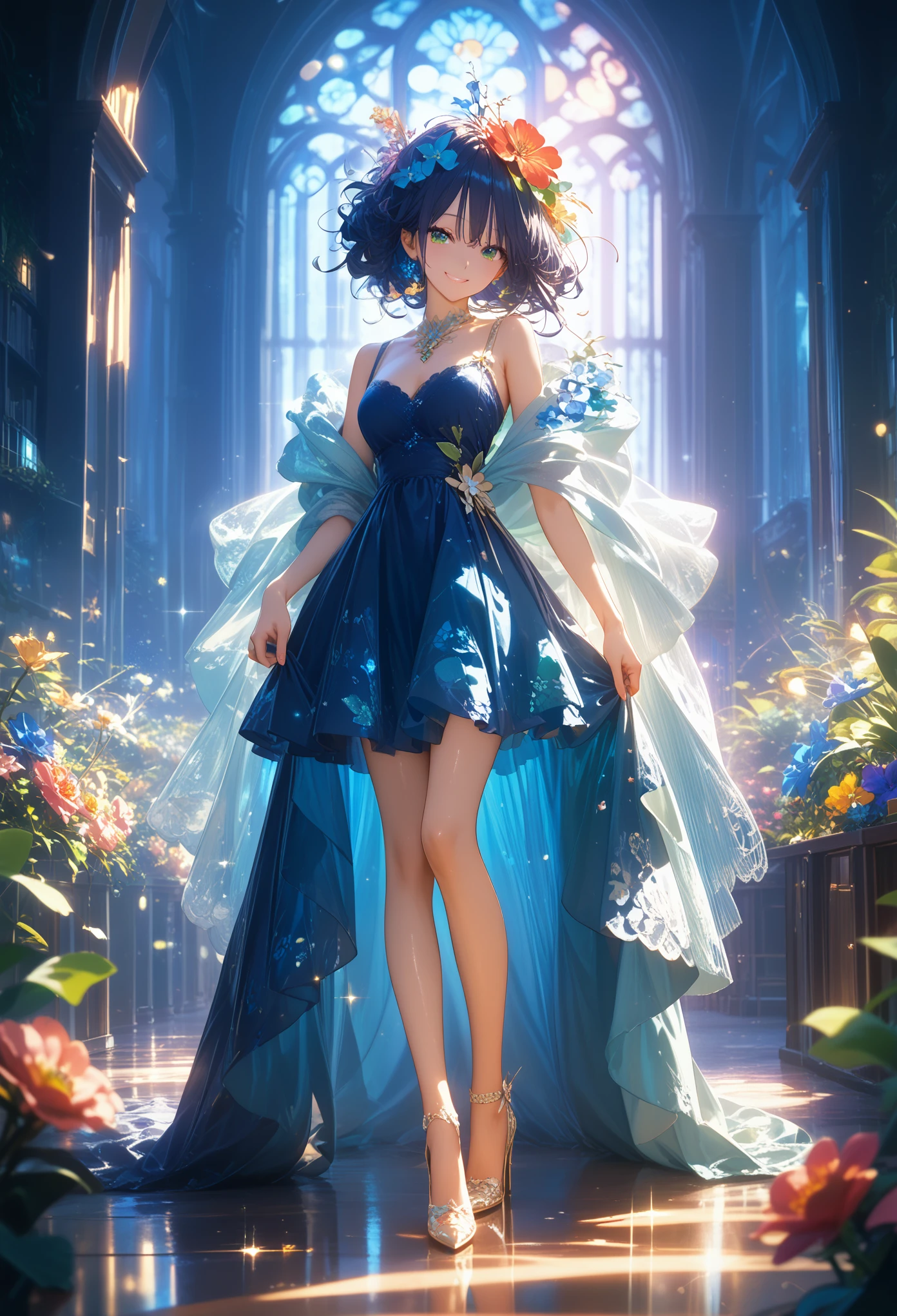 ultra high quality,Girl Sexy, high heel，Wearing a Lace Shawl，smile，sunlight，Blue Floral Skirt，Wear flowers on your head，charming，tape，high heel，long legs，Student, Full Growth Sparkles, glitters, disheveled hair, core_9, score_8_up, score_7_up, dramatic lighting, highly detailed, high budget, bokeh, cinemascope, moody, epic, gorgeous, film grain, grainy, masterpiece, best quality, perfect anatomy, very aesthetic, official art, 8k,