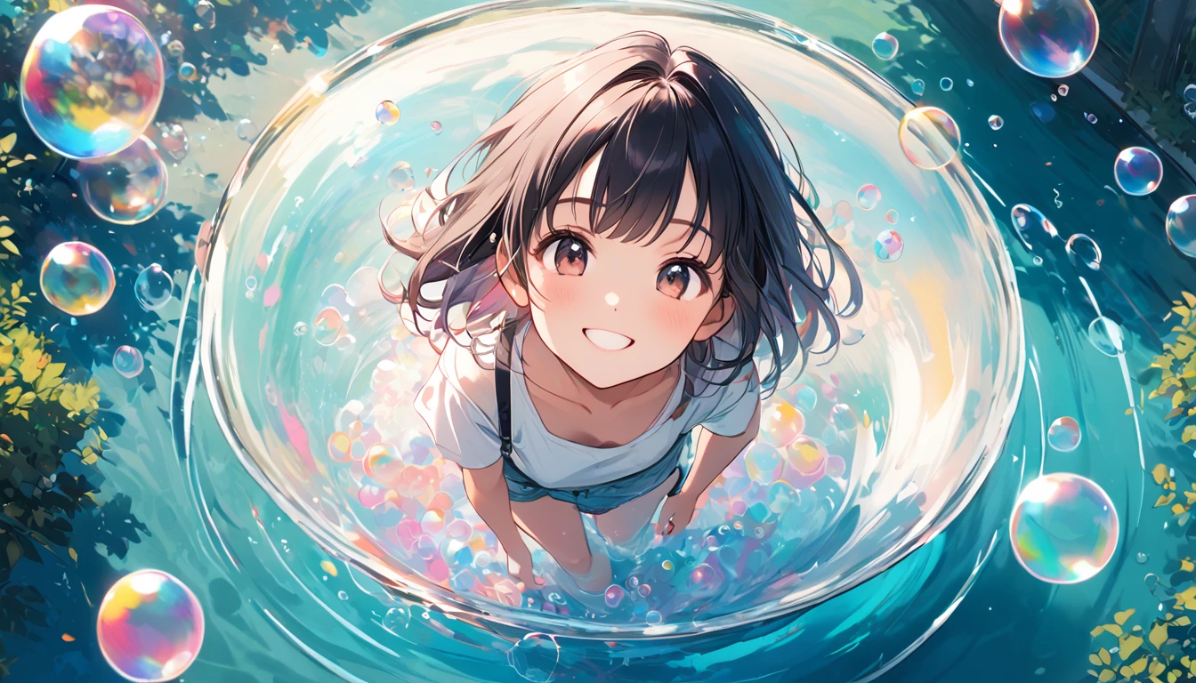 black and white image of a cute chibi manga girl playing smiling with soap bubbles in a park, lots of soap bubbles are transparent and cosmic color and very colorful with many colors in very smooth gradience, image from above, focus on the soap bubbles, bold and powerful camera work