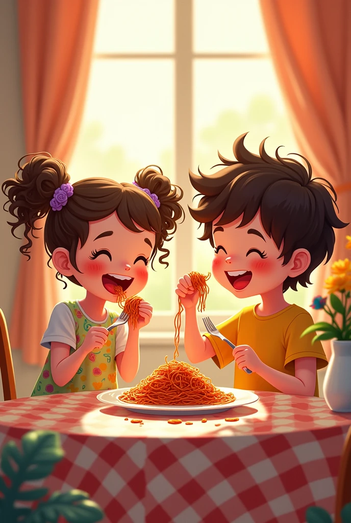 Realistic image of a boy and a girl eating healthy 