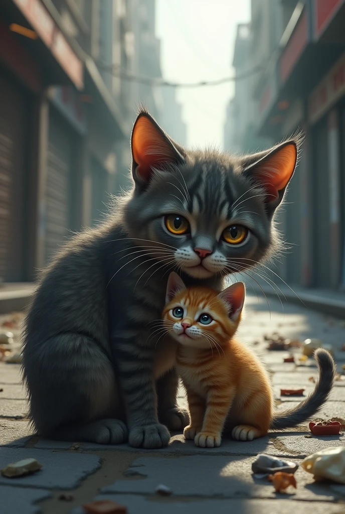 "The bully cat suddenly strikes, killing the pigeon with a swipe of his powerful paw. The young kitten stands frozen in shock, staring at the lifeless pigeon on the ground. The bully cat looks smug, not realizing the fury he's about to unleash. The surrounding alley is somber and quiet, with the tragic moment taking center stage."