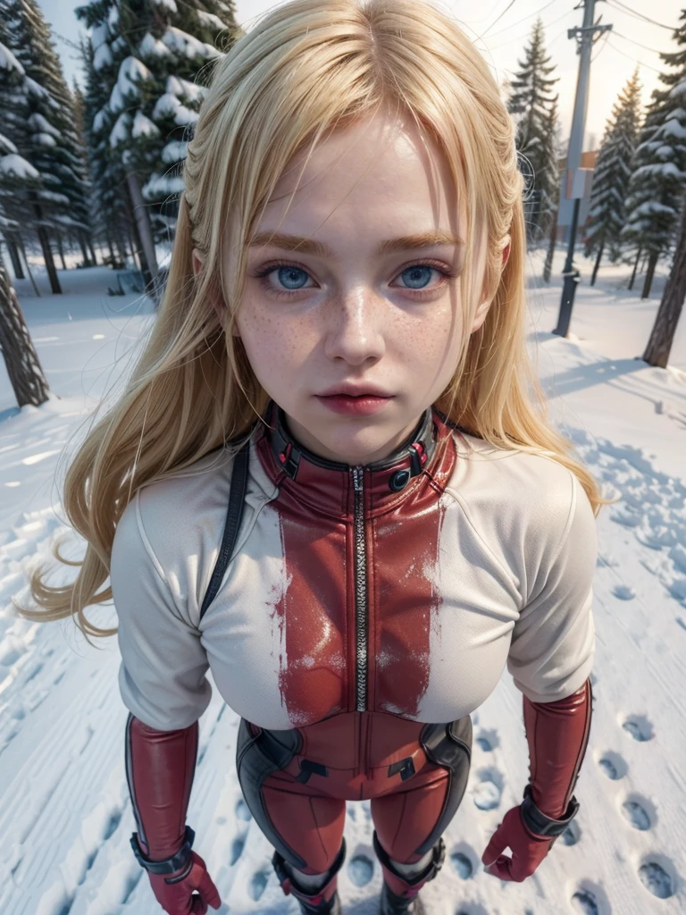 Blonde girl posing in the snow dressed in deadpool costume. (((((real life image))))) (((small))) (((slim)))