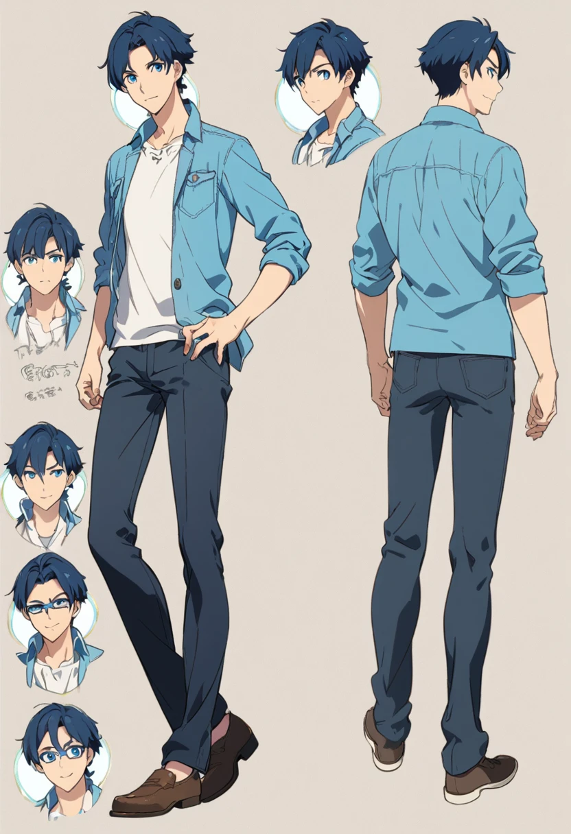 A character model sheet depicting the same character from three angles、Men in casual clothes、Supporting characters、blue eyes