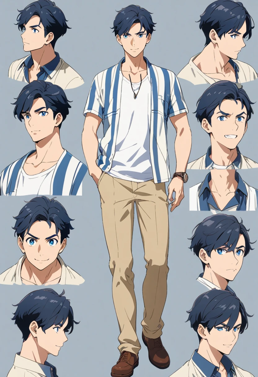 A character model sheet depicting the same character from three angles、Men in casual clothes、Supporting characters、blue eyes