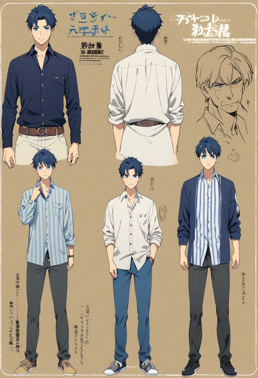 A character model sheet depicting the same character from three angles、Men in casual clothes、Supporting characters、blue eyes