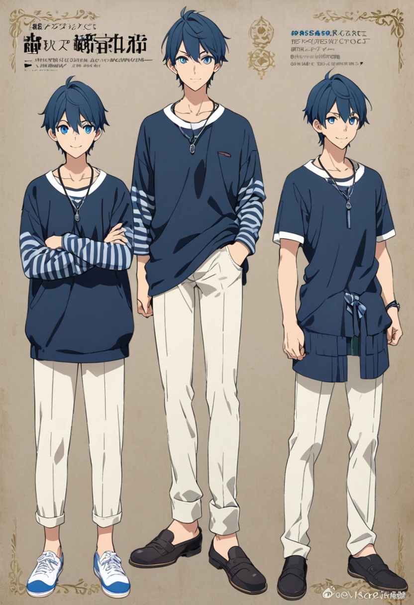 A character model sheet depicting the same character from three angles、Men in casual clothes、Supporting characters、blue eyes