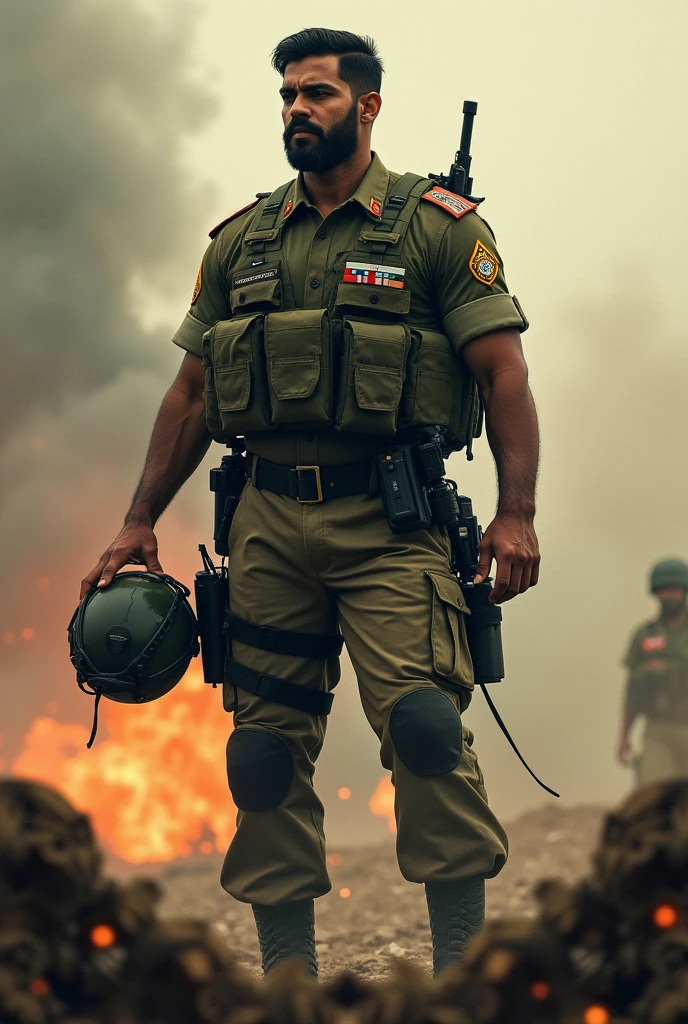 photo of th3r0ck , he is wearing a military clothes, military cap, in battleground destroyed city. dramatic lighting