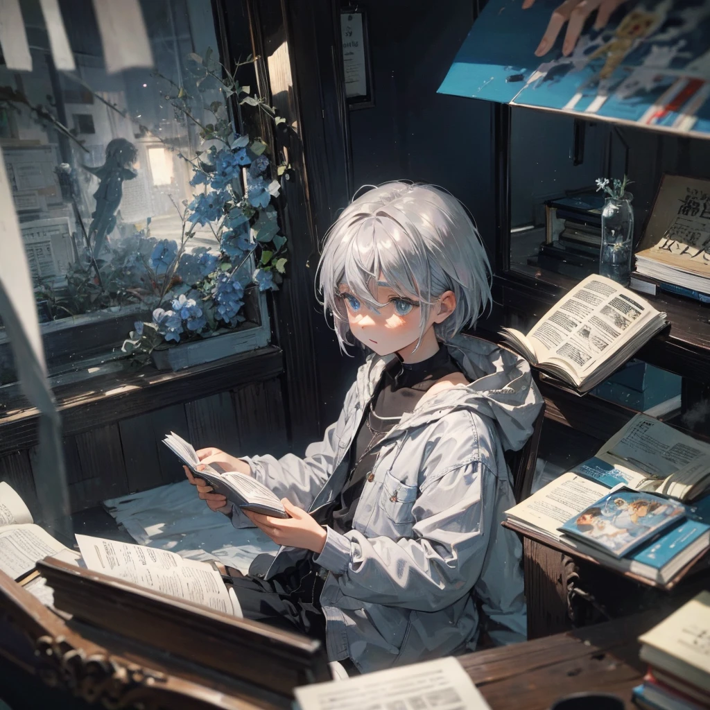 Silver Hair、blue eyes、、Shortcuts、Casual clothing、Study、Reading a book、High resolution, Anatomically correct,