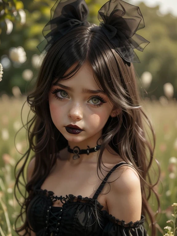 eleonora girl, shy, Wednesday, black hair, gothic make up, small size, gothic dress, black lipstick