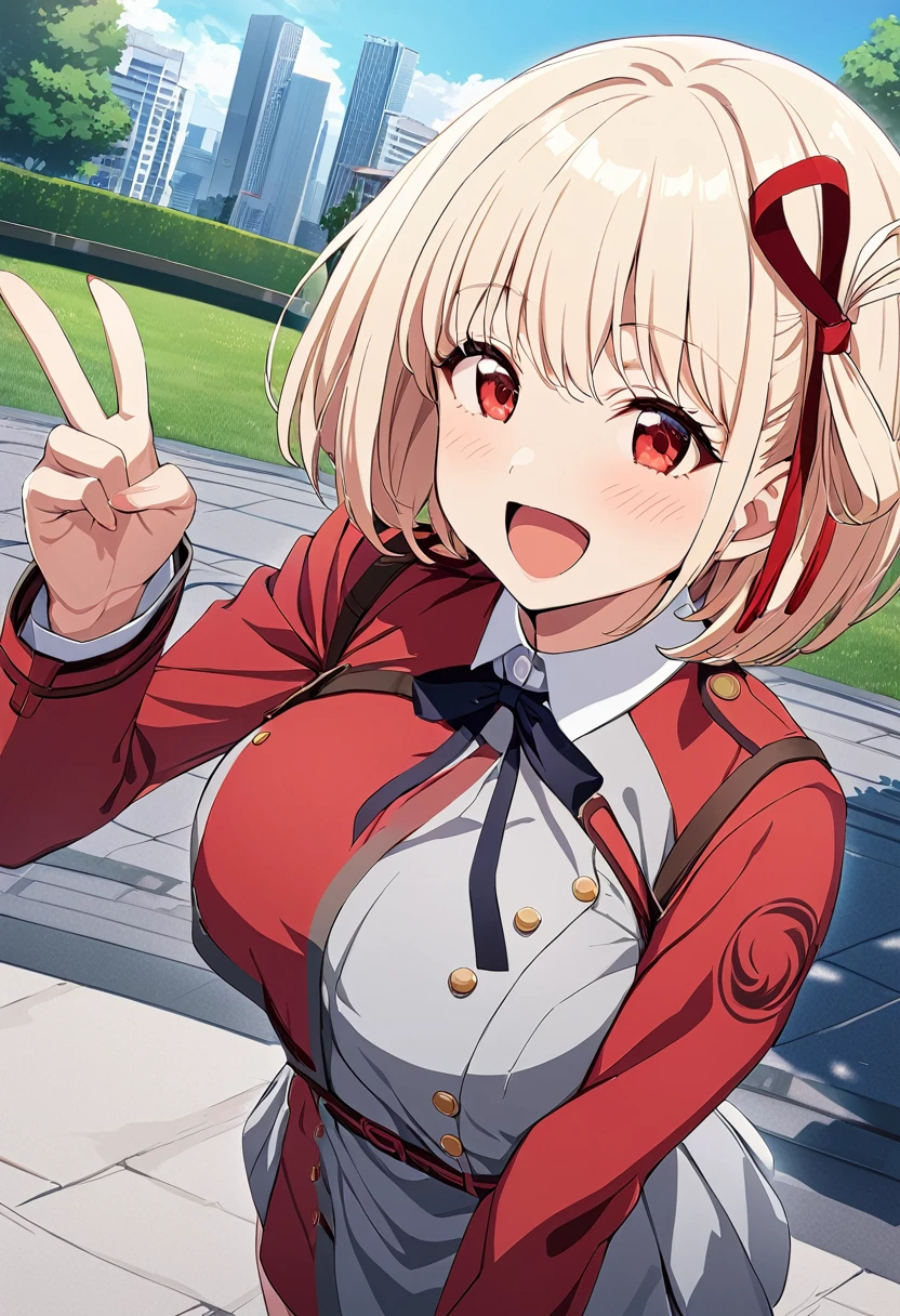 masterpiece, best quality, 1girl, game cg  nishikigi chisato, bob cut, hair ribbon, lycoris uniform, two-tone dress, red dress, grey dress, neck ribbon, long sleeves, large breasts, park, sky, cityscape, wink, standing, finger V, open mouth, happy, smile