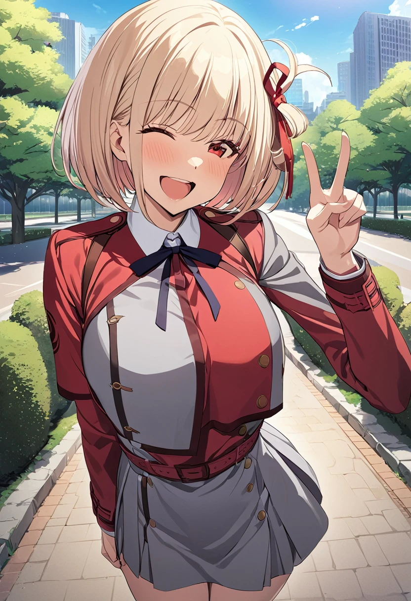 masterpiece, best quality, 1girl, game cg  nishikigi chisato, bob cut, hair ribbon, lycoris uniform, two-tone dress, red dress, grey dress, neck ribbon, long sleeves, large breasts, park, sky, cityscape, wink, standing, finger V, open mouth, happy, smile