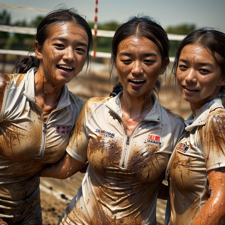 a beautiful naked jomon girl, sweaty, athletic body, and hairy armpits, being carried by two women