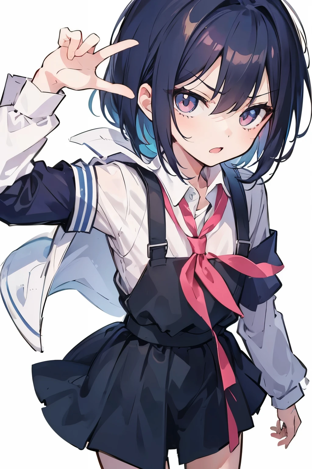 leaning front with hands out in the air,girl from upper view、high school girl、(masterpiece, highest quality, official art:1.2), (flat color:1.5),(colorful),looking at the viewer,1 girl,alone, white background, ,(2D:1.5) ,NSFW