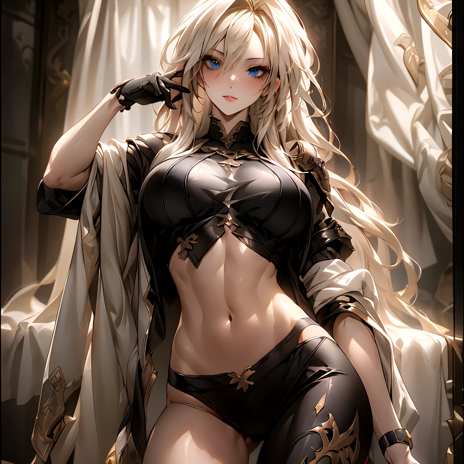 (best quality)), ((Masterpiece)), (details:1.4), 3d, HDR (high dynamic range), an image of a beautiful cyberpunk female, mature woman, medieval, cyberpunk theme, fantasy, cyberpunk, sleek style, (( blonde hair, Curtain Bangs,)) Beautiful white eyes, super eyes details, จมูกโด่ง, ปากแดง, หน้าอกใหญ่, nvidia RTX, PBR surface, After processing, Anisotropic filtration,depth of field, Maximum clarity and clarity, multi-layered surface, Subsurface scattering, perfect proportions, 8K raw files, ultra detailed, Perfect proportions, volumetric lighting, soft lighting, Holy knights paladin, Heavy black Armor, glossy skin, intricate golden embroidery, castle hall background, ต่างหู,sexy long-sleeved red jacket, watch, gloves, sexy black bra, slender fingers, sexy white mini pants,