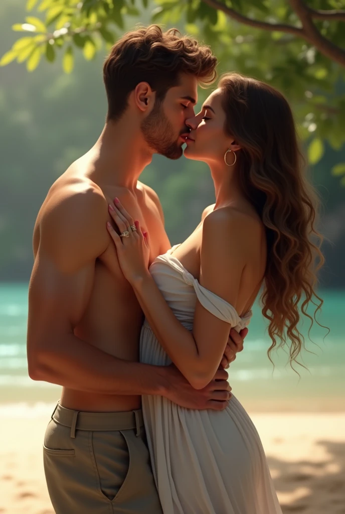 A man who looks like Henry Cavvil is having a hot moment with a woman with black hair on the beach, lying in the sand